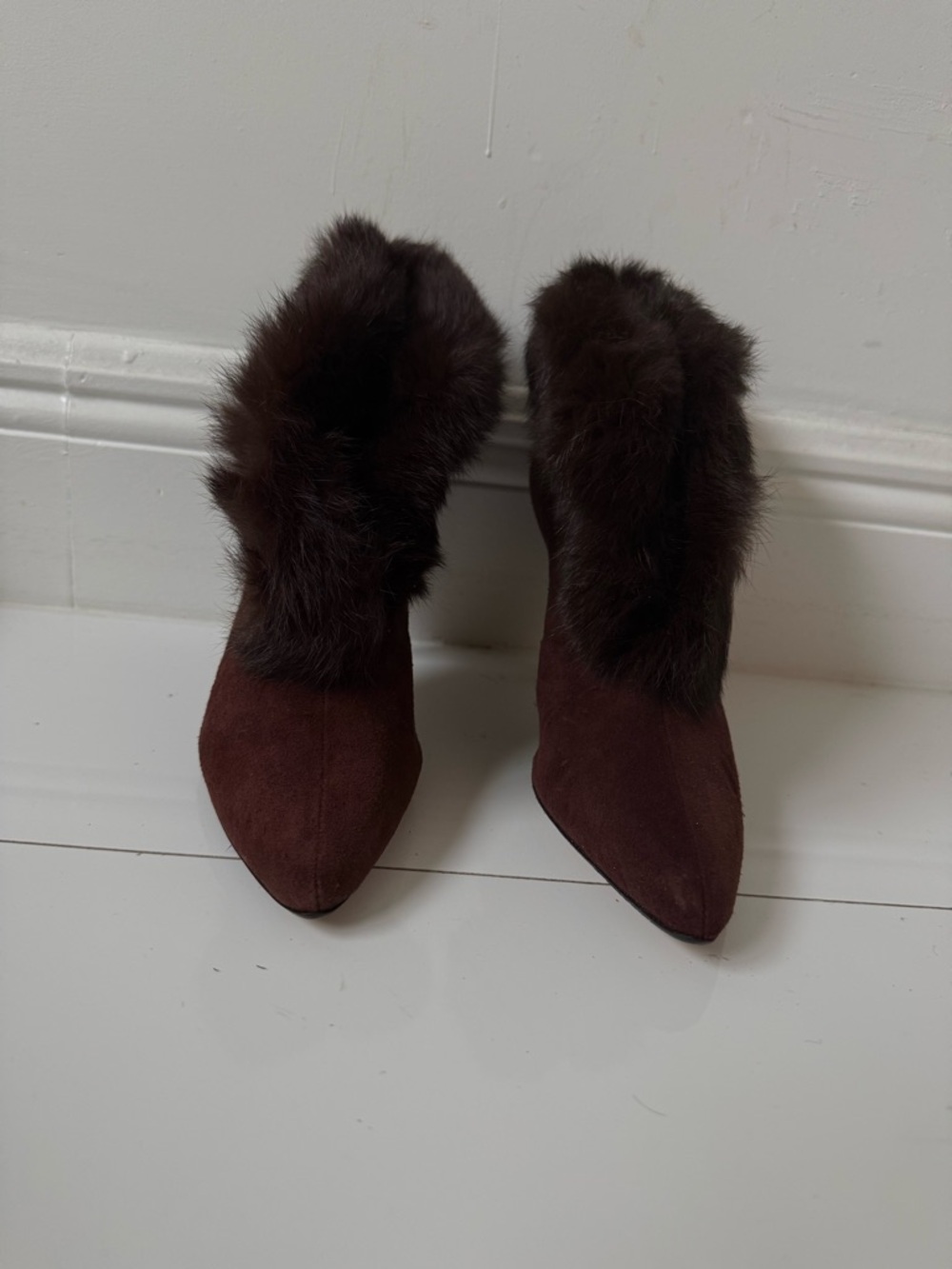 Allure Dark Brown Suede Pointed Fur-Trim Ankle Boots